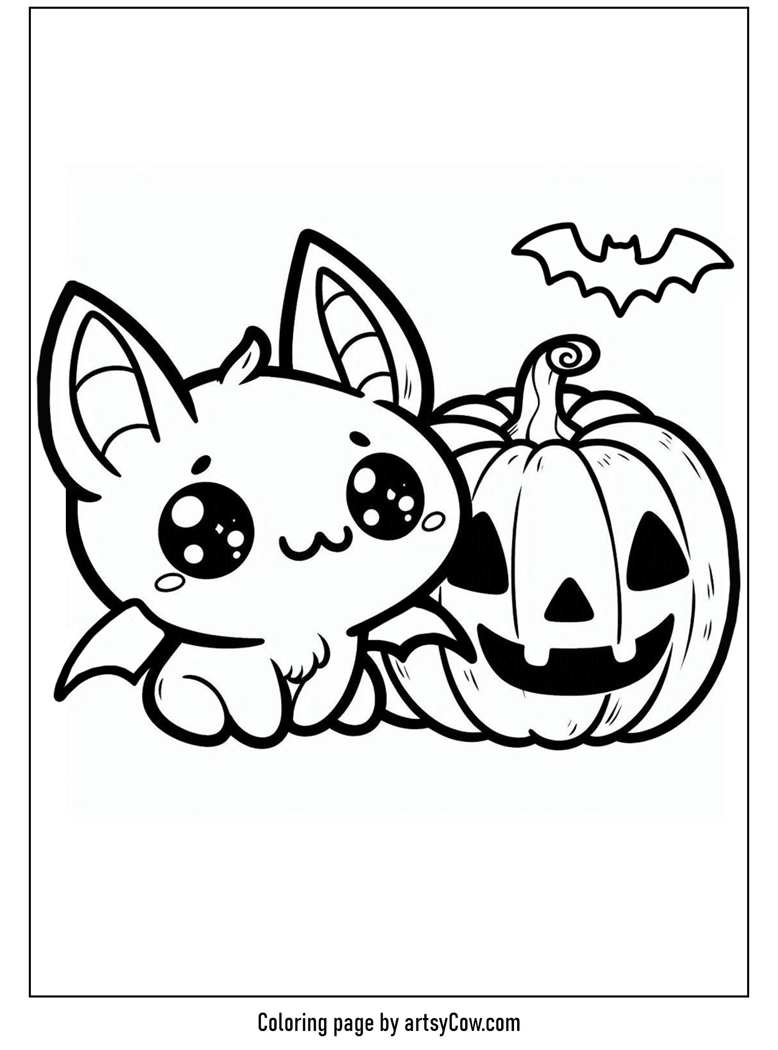 halloween coloring pages with bats, featuring a cute bat with large, friendly eyes sitting next to a carved jack-o-lantern and a tiny flying bat above.